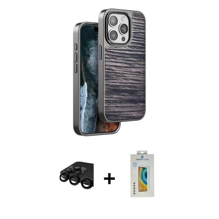 MARSİLYAN™- iPhone 15 Pro Max Kılıf Atlas Minimal Özel Seri - Siyah Polymer Nano Ekran Koruyucu + Raze Metal Kamera Lens - SH