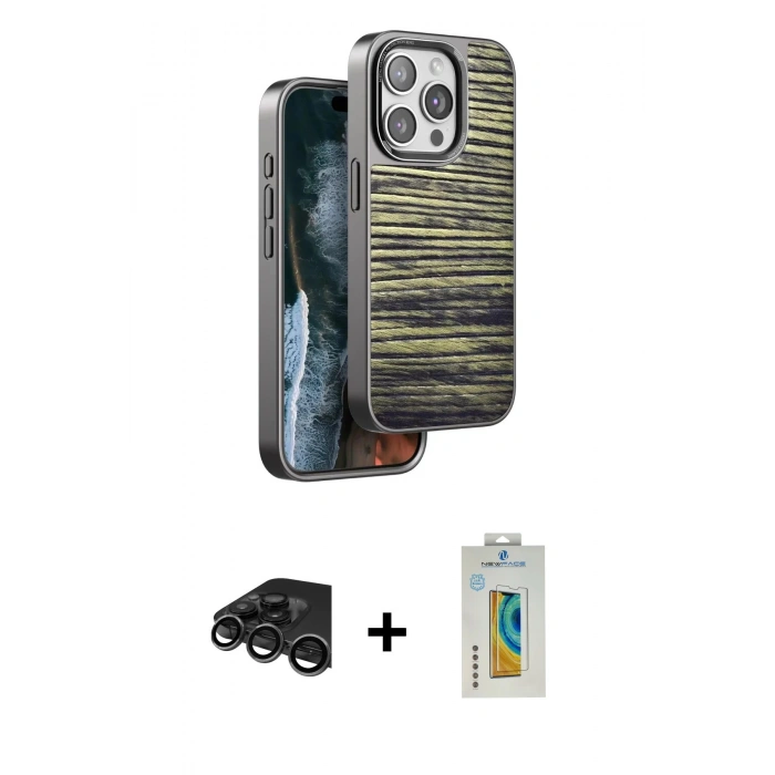 MARSİLYAN™- iPhone 15 Pro Max Kılıf Atlas Minimal Özel Seri - Siyah Polymer Nano Ekran Koruyucu + Raze Metal Kamera Lens - TMGI
