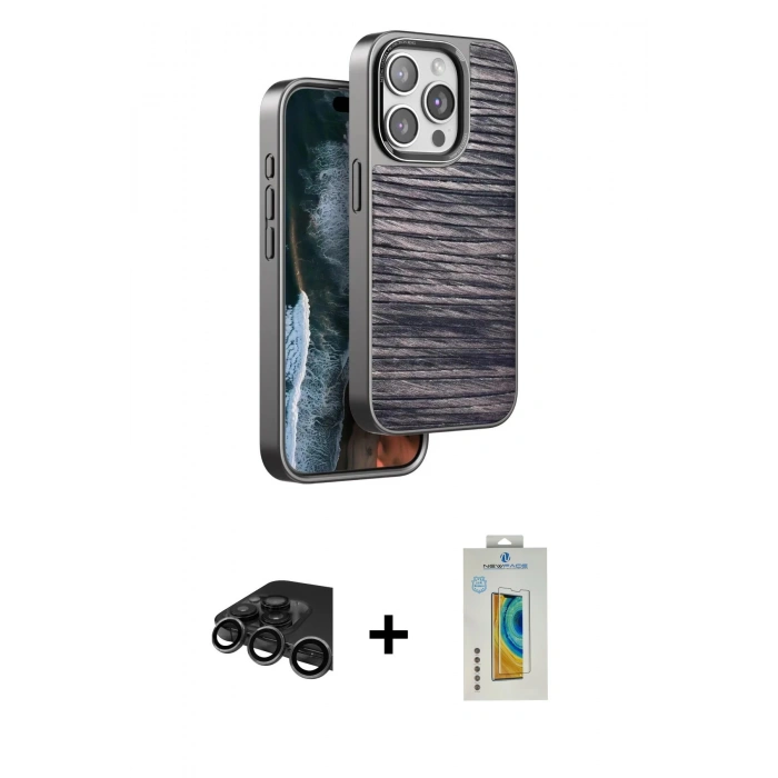 MARSİLYAN™- iPhone 15 Pro Max Kılıf Atlas Minimal Özel Seri - Siyah Polymer Nano Ekran Koruyucu + Raze Metal Kamera Lens - TMGI