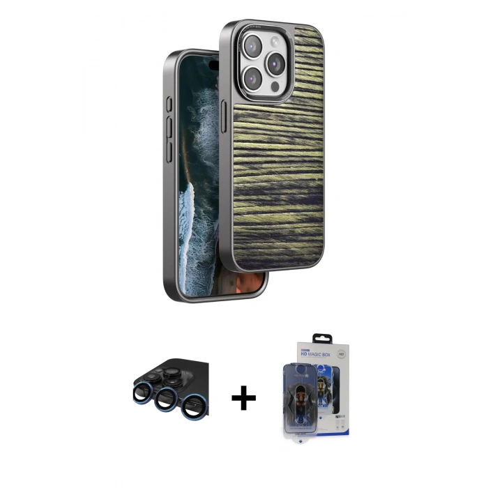 MARSİLYAN™- iPhone 15 Pro Max Kılıf Atlas Minimal Özel Seri - Siyah Vanessa Magic Cam + Raze Metal Kamera Lens - LT