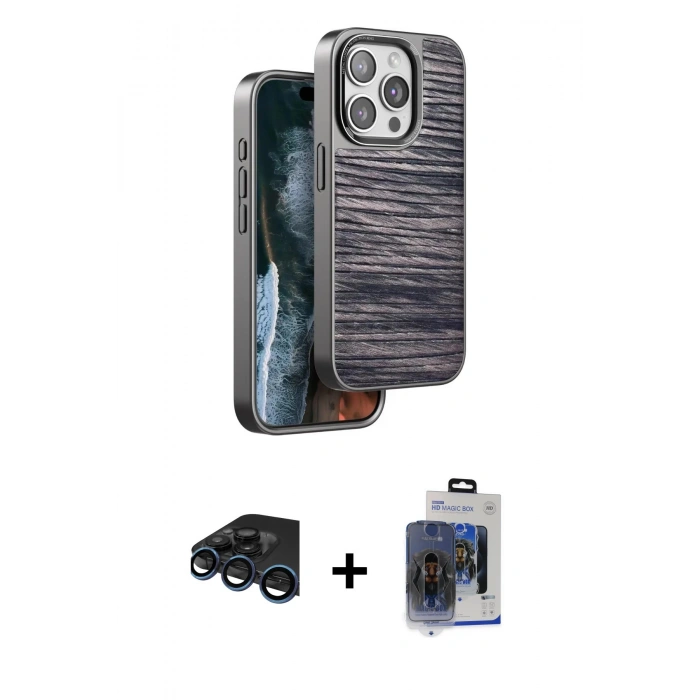 MARSİLYAN™- iPhone 15 Pro Max Kılıf Atlas Minimal Özel Seri - Siyah Vanessa Magic Cam + Raze Metal Kamera Lens - LT