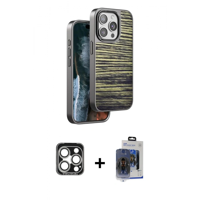 MARSİLYAN™- iPhone 15 Pro Max Kılıf Atlas Minimal Özel Seri - Siyah Vanessa Magic Cam + PVD Metal Kamera Lens - GS