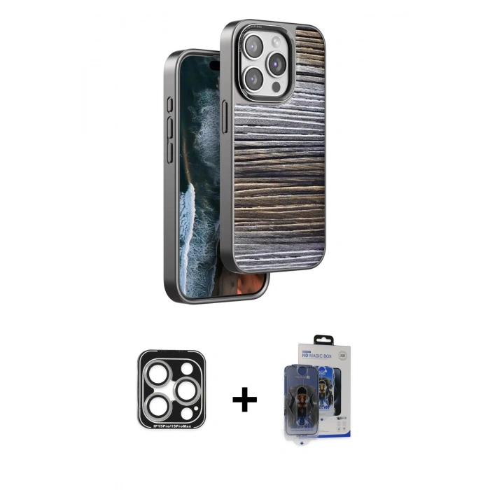 MARSİLYAN™- iPhone 15 Pro Max Kılıf Atlas Minimal Özel Seri - Siyah Vanessa Magic Cam + PVD Metal Kamera Lens - GS