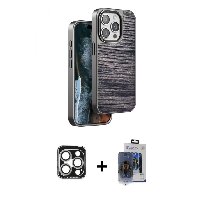 MARSİLYAN™- iPhone 15 Pro Max Kılıf Atlas Minimal Özel Seri - Siyah Vanessa Magic Cam + PVD Metal Kamera Lens - GS