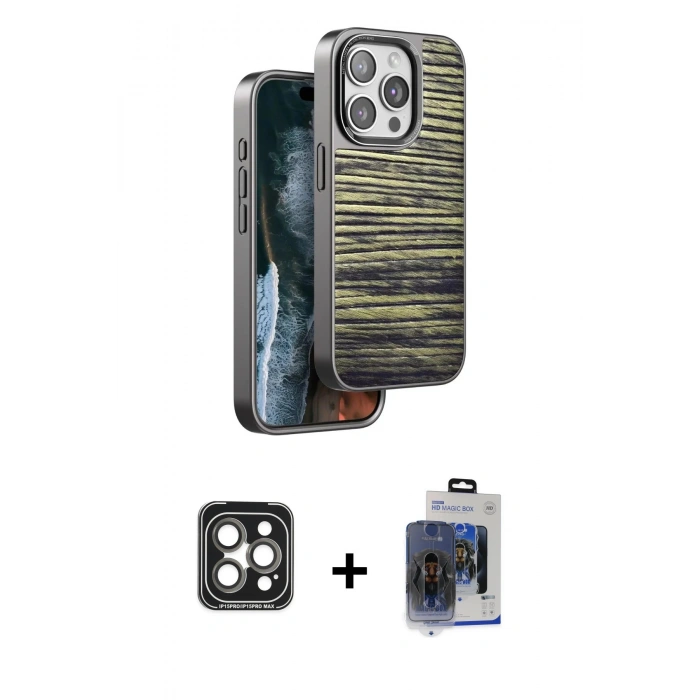 MARSİLYAN™- iPhone 15 Pro Max Kılıf Atlas Minimal Özel Seri - Siyah Vanessa Magic Cam + PVD Metal Kamera Lens - GI