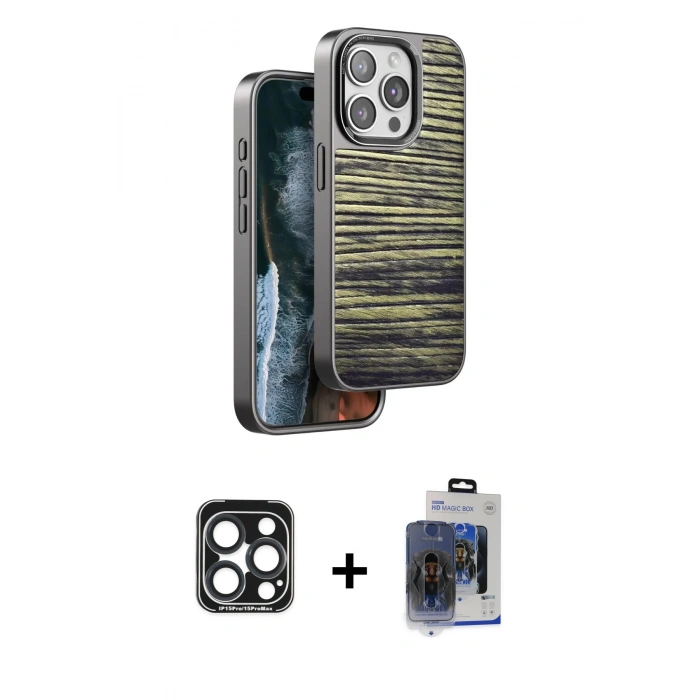 MARSİLYAN™- iPhone 15 Pro Max Kılıf Atlas Minimal Özel Seri - Siyah Vanessa Magic Cam + PVD Metal Kamera Lens - LT