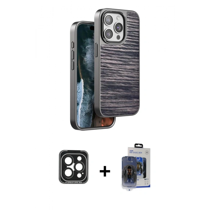 MARSİLYAN™- iPhone 15 Pro Max Kılıf Atlas Minimal Özel Seri - Siyah Vanessa Magic Cam + PVD Metal Kamera Lens - SH