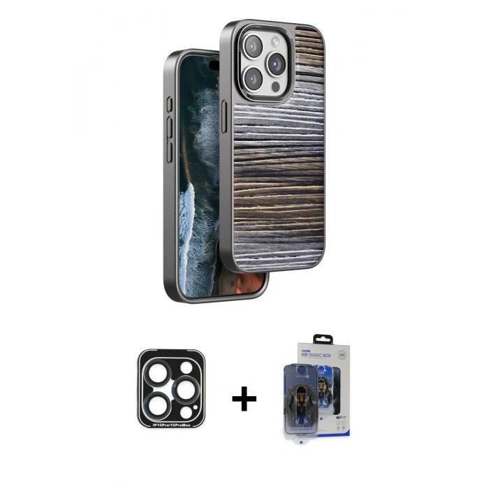 MARSİLYAN™- iPhone 15 Pro Max Kılıf Atlas Minimal Özel Seri - Siyah Vanessa Magic Cam + PVD Metal Kamera Lens - LT