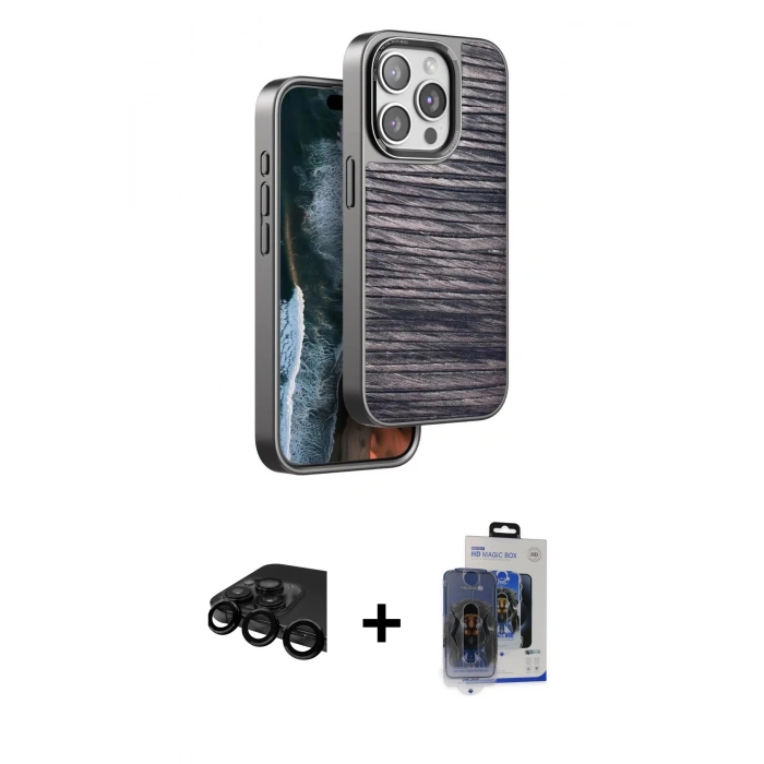 MARSİLYAN™- iPhone 15 Pro Max Kılıf Atlas Minimal Özel Seri - Siyah Vanessa Magic Cam + Siyah Raze Metal Kamera Lens