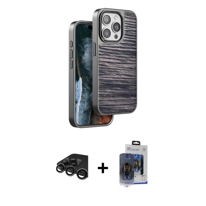 MARSİLYAN™- iPhone 15 Pro Max Kılıf Atlas Minimal Özel Seri - Siyah Vanessa Magic Cam + Raze Metal Kamera Lens - TMGI