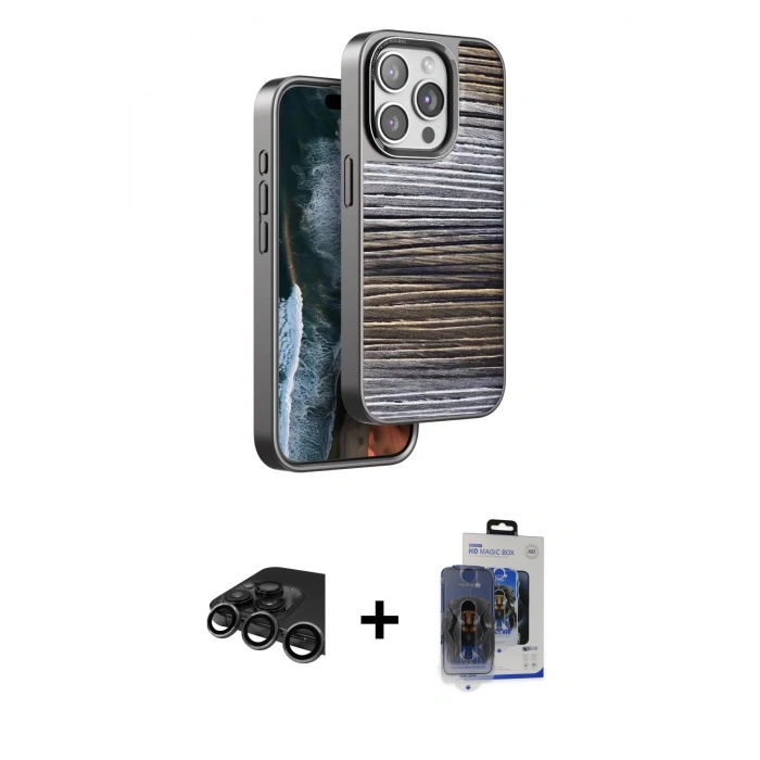 MARSİLYAN™- iPhone 15 Pro Max Kılıf Atlas Minimal Özel Seri - Siyah Vanessa Magic Cam + Raze Metal Kamera Lens - TMGI