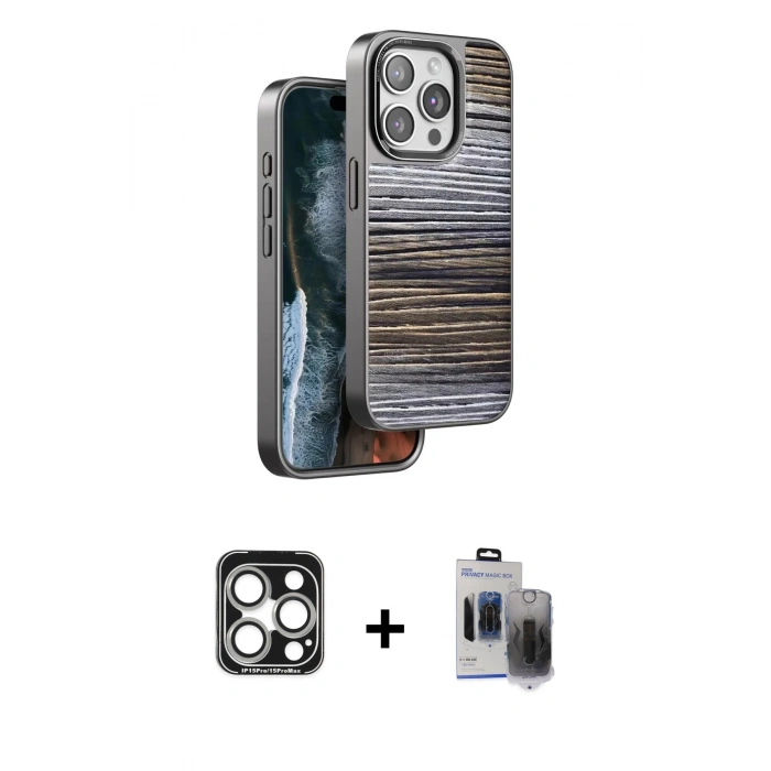 MARSİLYAN™- iPhone 15 Pro Max Kılıf Atlas Minimal Özel Seri - Siyah Vanessa Magic Hayalet Cam + PVD Metal Kamera Lens - GS