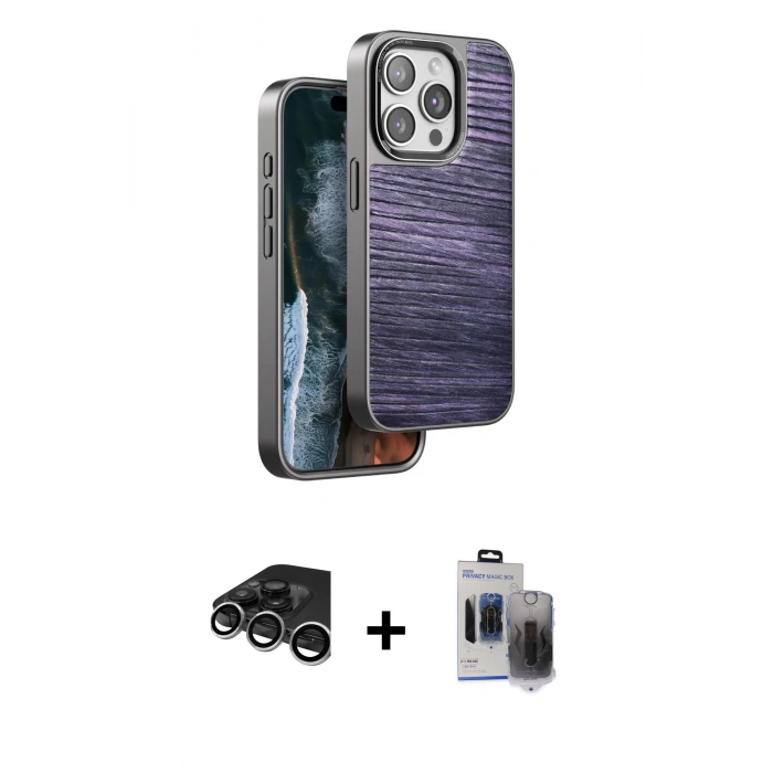 MARSİLYAN™- iPhone 15 Pro Max Kılıf Atlas Minimal Özel Seri - Siyah Vanessa Magic Hayalet Cam + Raze Metal Kamera Lens - GS