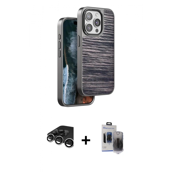 MARSİLYAN™- iPhone 15 Pro Max Kılıf Atlas Minimal Özel Seri - Siyah Vanessa Magic Hayalet Cam + Raze Metal Kamera Lens - GS