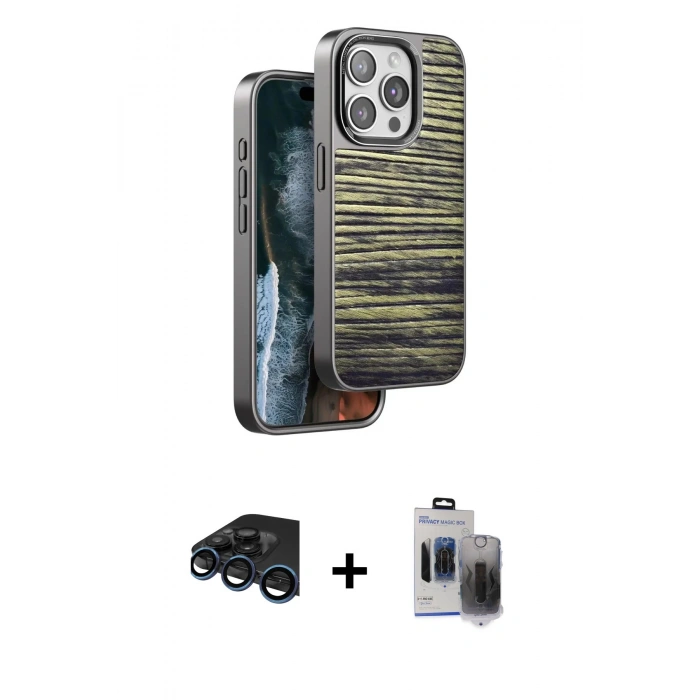 MARSİLYAN™- iPhone 15 Pro Max Kılıf Atlas Minimal Özel Seri - Siyah Vanessa Magic Hayalet Cam + Raze Metal Kamera Lens - LT