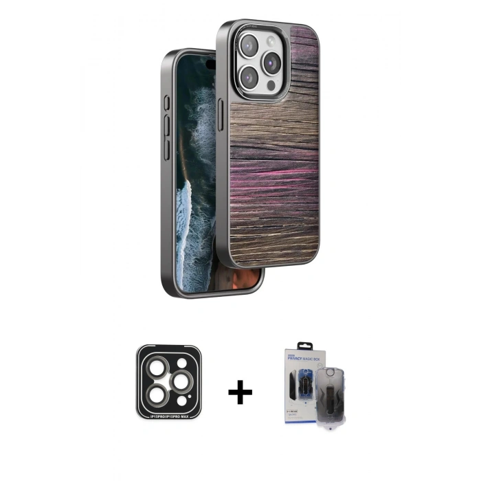 MARSİLYAN™- iPhone 15 Pro Max Kılıf Atlas Minimal Özel Seri - Siyah Vanessa Magic Hayalet Cam + PVD Metal Kamera Lens - GI
