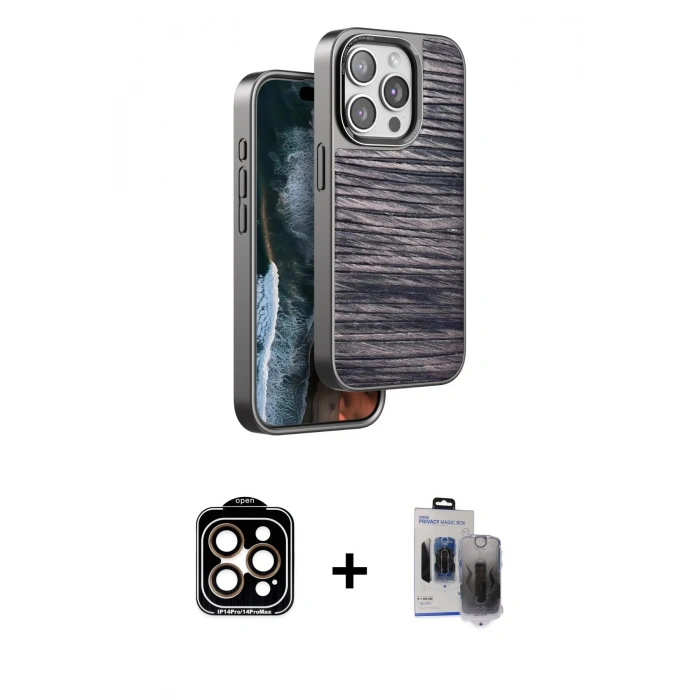 MARSİLYAN™- iPhone 15 Pro Max Kılıf Atlas Minimal Özel Seri - Siyah Vanessa Magic Hayalet Cam + PVD Metal Kamera Lens - TU