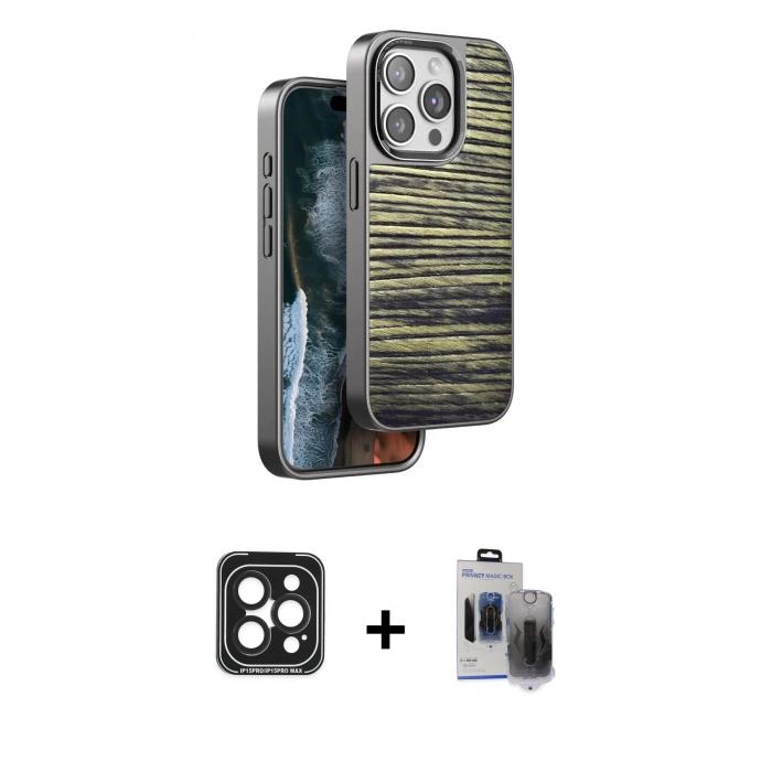 MARSİLYAN™- iPhone 15 Pro Max Kılıf Atlas Minimal Özel Seri - Siyah Vanessa Magic Hayalet Cam + PVD Metal Kamera Lens - SH