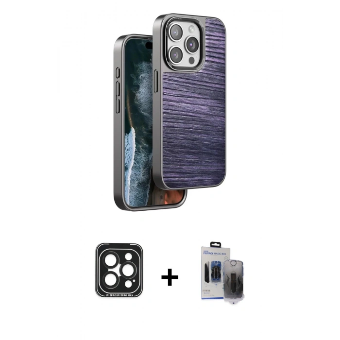 MARSİLYAN™- iPhone 15 Pro Max Kılıf Atlas Minimal Özel Seri - Siyah Vanessa Magic Hayalet Cam + PVD Metal Kamera Lens - SH
