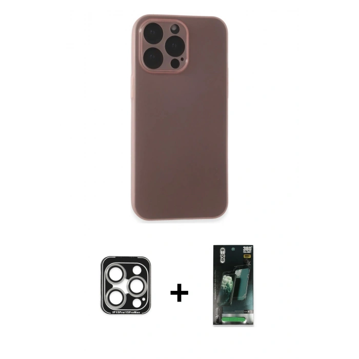MARSİLYAN™- iPhone 15 Pro Max Kılıf Atlas Minimal Prime - Şeffaf 360 Full Body Arka Koruyucu + PVD Metal Kamera Lens - GS