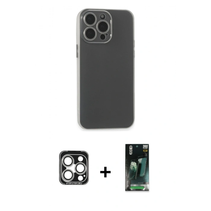 MARSİLYAN™- iPhone 15 Pro Max Kılıf Atlas Minimal Prime - Şeffaf 360 Full Body Arka Koruyucu + PVD Metal Kamera Lens - GS