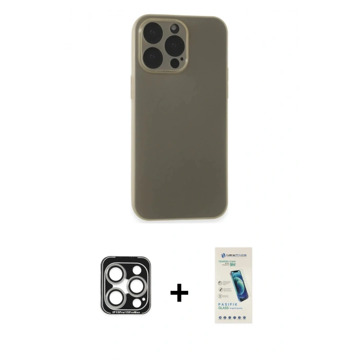 MARSİLYAN™- iPhone 15 Pro Max Kılıf Atlas Minimal Prime - Şeffaf Pasifik Cam Ekran Koruyucu + Gümüş PVD Metal Kamera Lens