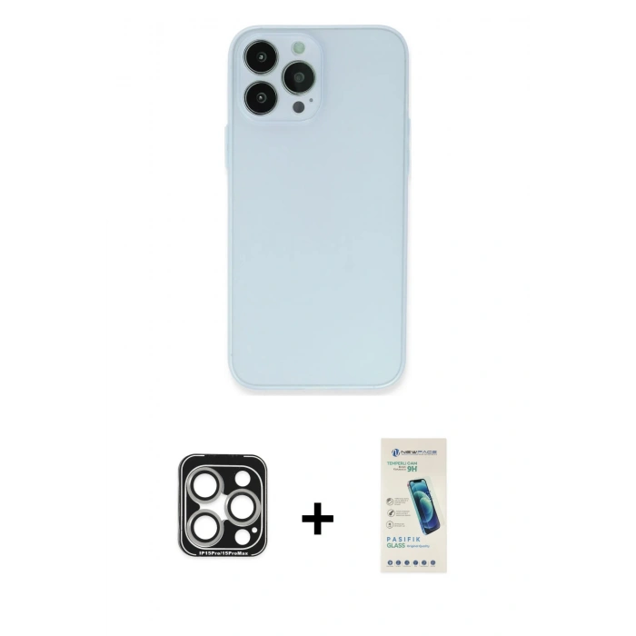 MARSİLYAN™- iPhone 15 Pro Max Kılıf Atlas Minimal Prime - Şeffaf Pasifik Cam Ekran Koruyucu + Gümüş PVD Metal Kamera Lens