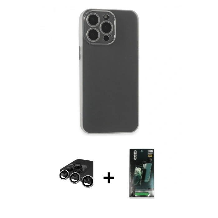 MARSİLYAN™- iPhone 15 Pro Max Kılıf Atlas Minimal Prime - Siyah 360 Mat Full Body Arka Koruyucu + Raze Metal Kamera Lens - GS