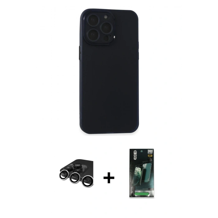 MARSİLYAN™- iPhone 15 Pro Max Kılıf Atlas Minimal Prime - Siyah 360 Mat Full Body Arka Koruyucu + Raze Metal Kamera Lens - GS