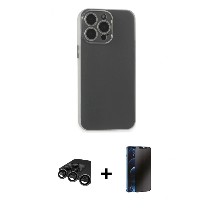 MARSİLYAN™- iPhone 15 Pro Max Kılıf Atlas Minimal Prime - Siyah 3D Antistatik Hayalet Cam Ekran Koruyucu + Raze Metal Kamera Lens - TMGI
