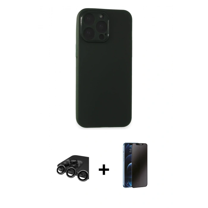 MARSİLYAN™- iPhone 15 Pro Max Kılıf Atlas Minimal Prime - Siyah 3D Antistatik Hayalet Cam Ekran Koruyucu + Raze Metal Kamera Lens - TMGI