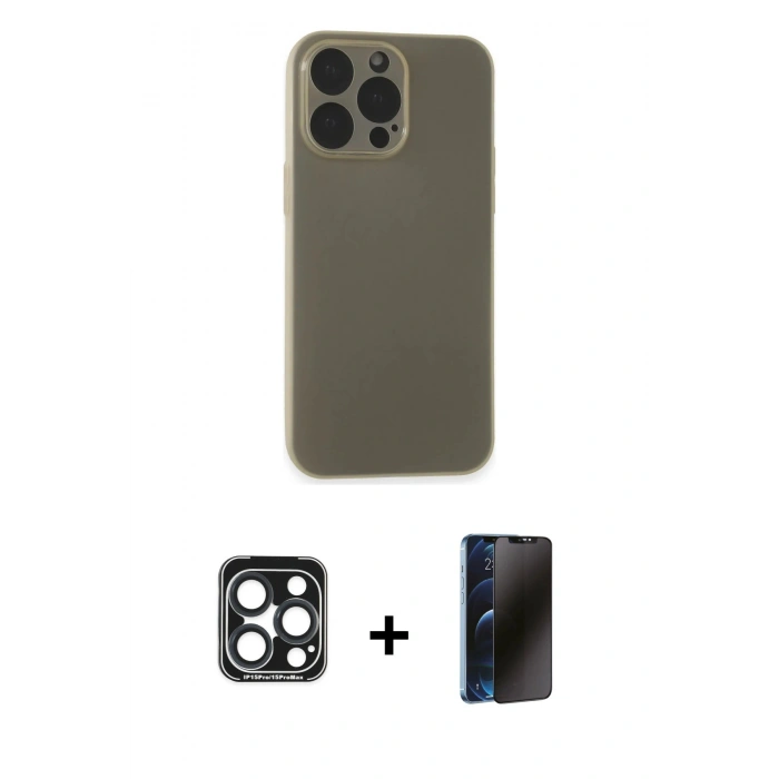 MARSİLYAN™- iPhone 15 Pro Max Kılıf Atlas Minimal Prime - Siyah 3D Antistatik Hayalet Cam Ekran Koruyucu + PVD Metal Kamera Lens - LT