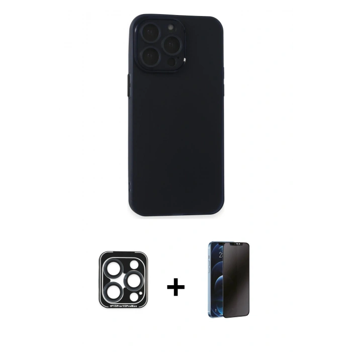 MARSİLYAN™- iPhone 15 Pro Max Kılıf Atlas Minimal Prime - Siyah 3D Antistatik Hayalet Cam Ekran Koruyucu + PVD Metal Kamera Lens - LT