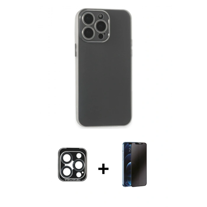 MARSİLYAN™- iPhone 15 Pro Max Kılıf Atlas Minimal Prime - Siyah 3D Antistatik Hayalet Cam Ekran Koruyucu + PVD Metal Kamera Lens - LT