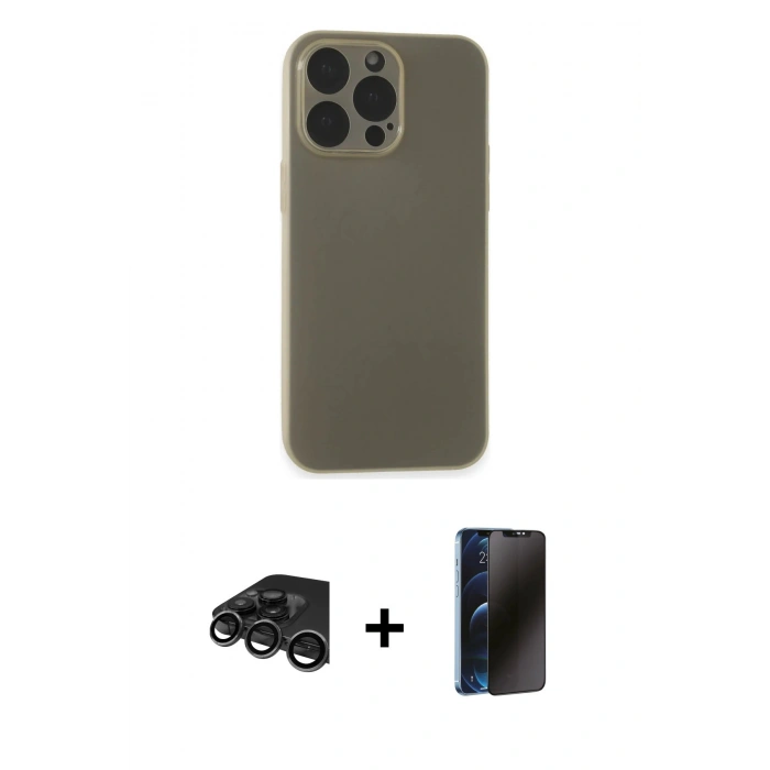 MARSİLYAN™- iPhone 15 Pro Max Kılıf Atlas Minimal Prime - Siyah 3D Antistatik Hayalet Cam Ekran Koruyucu + Raze Metal Kamera Lens - TMGI