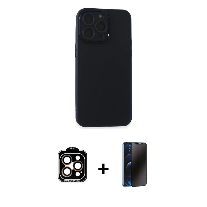 MARSİLYAN™- iPhone 15 Pro Max Kılıf Atlas Minimal Prime - Siyah 3D Antistatik Hayalet Cam Ekran Koruyucu + PVD Metal Kamera Lens - TU
