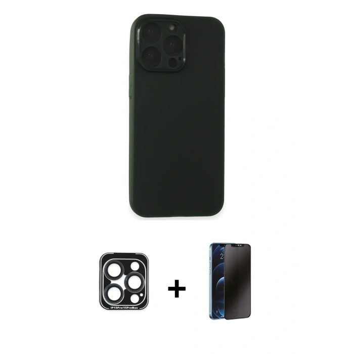 MARSİLYAN™- iPhone 15 Pro Max Kılıf Atlas Minimal Prime - Siyah 3D Antistatik Hayalet Cam Ekran Koruyucu + PVD Metal Kamera Lens - LT