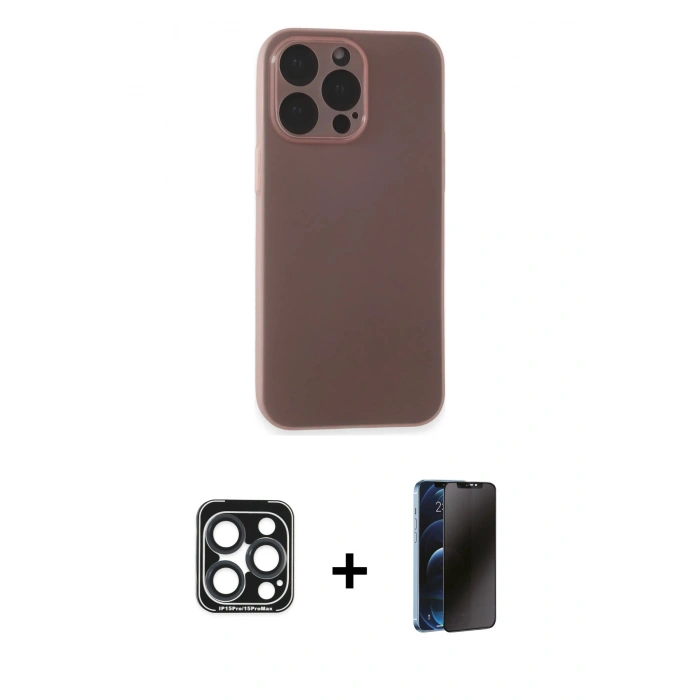 MARSİLYAN™- iPhone 15 Pro Max Kılıf Atlas Minimal Prime - Siyah 3D Antistatik Hayalet Cam Ekran Koruyucu + PVD Metal Kamera Lens - LT