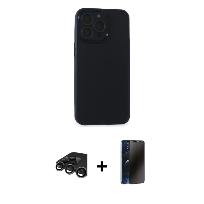 MARSİLYAN™- iPhone 15 Pro Max Kılıf Atlas Minimal Prime - Siyah 3D Antistatik Hayalet Cam Ekran Koruyucu + Raze Metal Kamera Lens - TMGI