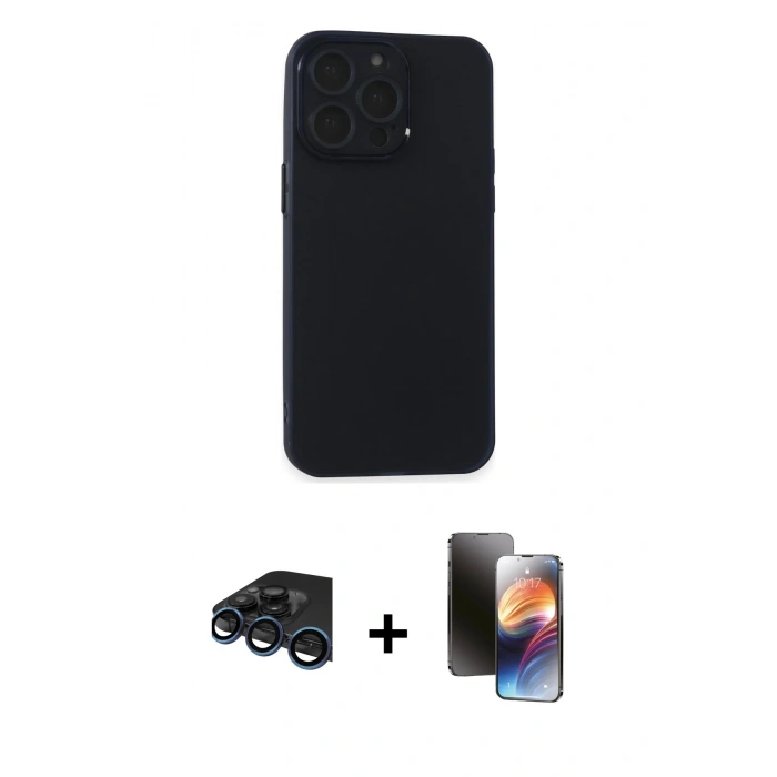 MARSİLYAN™- iPhone 15 Pro Max Kılıf Atlas Minimal Prime - Siyah 3D Antistatik Mat Seramik Nano Ekran Koruyucu + Lacivert Raze Metal Kamera Lens