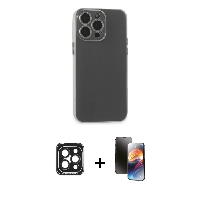 MARSİLYAN™- iPhone 15 Pro Max Kılıf Atlas Minimal Prime - Siyah 3D Antistatik Mat Seramik Nano Ekran Koruyucu + PVD Metal Kamera Lens - SH