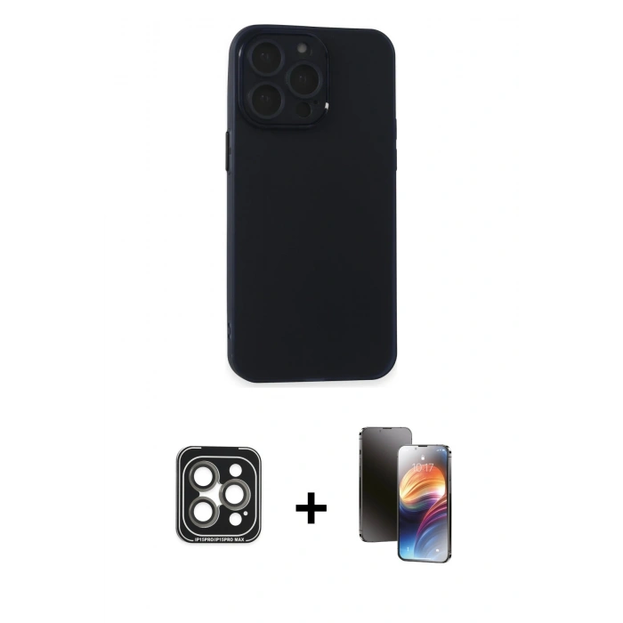 MARSİLYAN™- iPhone 15 Pro Max Kılıf Atlas Minimal Prime - Siyah 3D Antistatik Mat Seramik Nano Ekran Koruyucu + PVD Metal Kamera Lens - GI