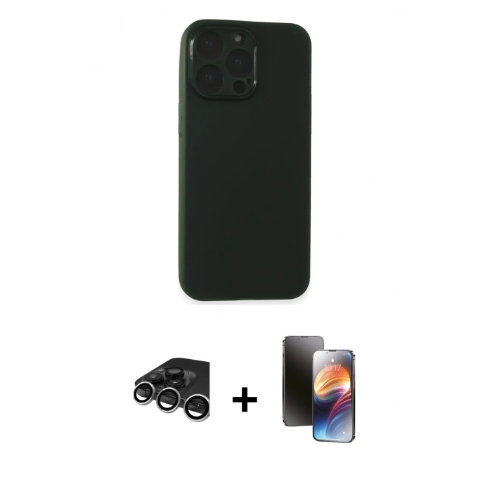 MARSİLYAN™- iPhone 15 Pro Max Kılıf Atlas Minimal Prime - Siyah 3D Antistatik Mat Seramik Nano Ekran Koruyucu + Gümüş Raze Metal Kamera Lens