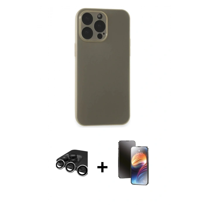 MARSİLYAN™- iPhone 15 Pro Max Kılıf Atlas Minimal Prime - Siyah 3D Antistatik Mat Seramik Nano Ekran Koruyucu + Gümüş Raze Metal Kamera Lens