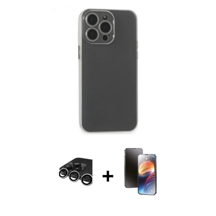 MARSİLYAN™- iPhone 15 Pro Max Kılıf Atlas Minimal Prime - Siyah 3D Antistatik Mat Seramik Nano Ekran Koruyucu + Gümüş Raze Metal Kamera Lens