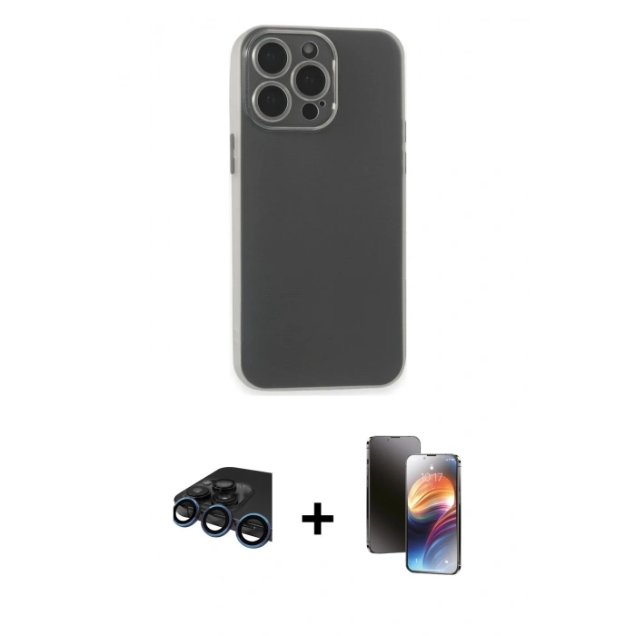 MARSİLYAN™- iPhone 15 Pro Max Kılıf Atlas Minimal Prime - Siyah 3D Antistatik Mat Seramik Nano Ekran Koruyucu + Lacivert Raze Metal Kamera Lens