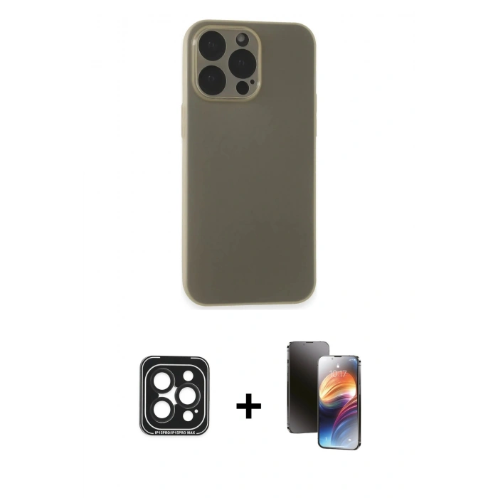 MARSİLYAN™- iPhone 15 Pro Max Kılıf Atlas Minimal Prime - Siyah 3D Antistatik Mat Seramik Nano Ekran Koruyucu + PVD Metal Kamera Lens - SH