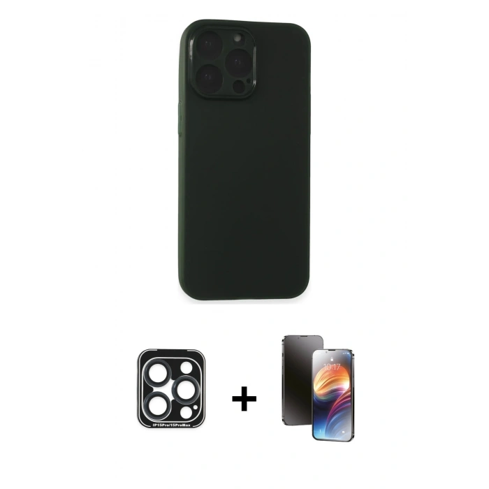 MARSİLYAN™- iPhone 15 Pro Max Kılıf Atlas Minimal Prime - Siyah 3D Antistatik Mat Seramik Nano Ekran Koruyucu + PVD Metal Kamera Lens - LT