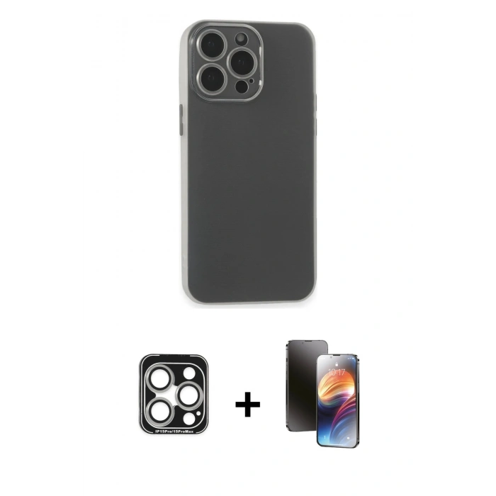 MARSİLYAN™- iPhone 15 Pro Max Kılıf Atlas Minimal Prime - Siyah 3D Antistatik Mat Seramik Nano Ekran Koruyucu + PVD Metal Kamera Lens - GS