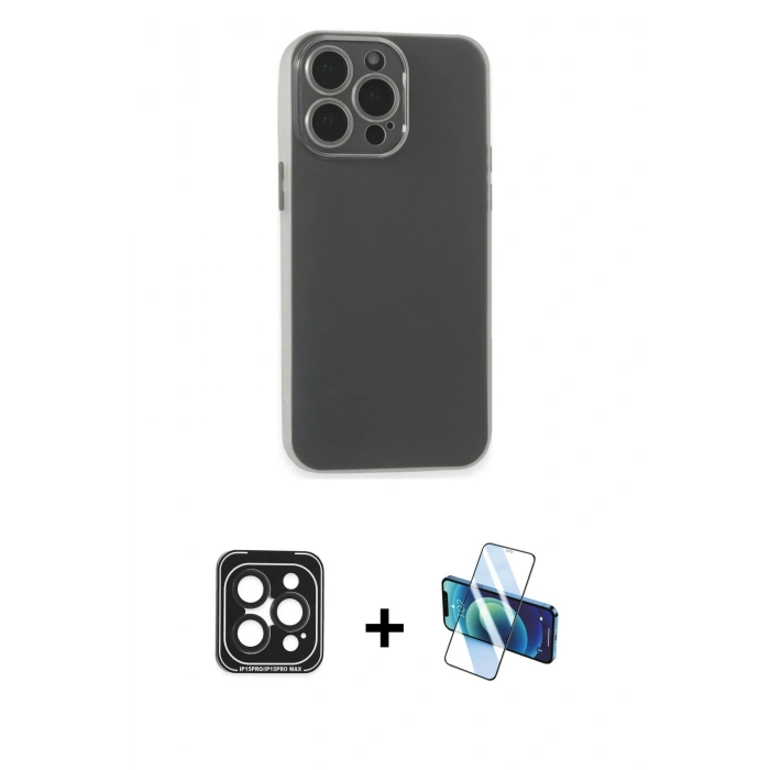 MARSİLYAN™- iPhone 15 Pro Max Kılıf Atlas Minimal Prime - Siyah 3D Antistatik Seramik Nano Ekran Koruyucu + PVD Metal Kamera Lens - SH